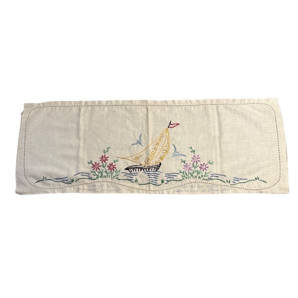 Vintage Linen Table Runner Desk Scarf Wonder Art Hand Embroidered Sailboat Flora